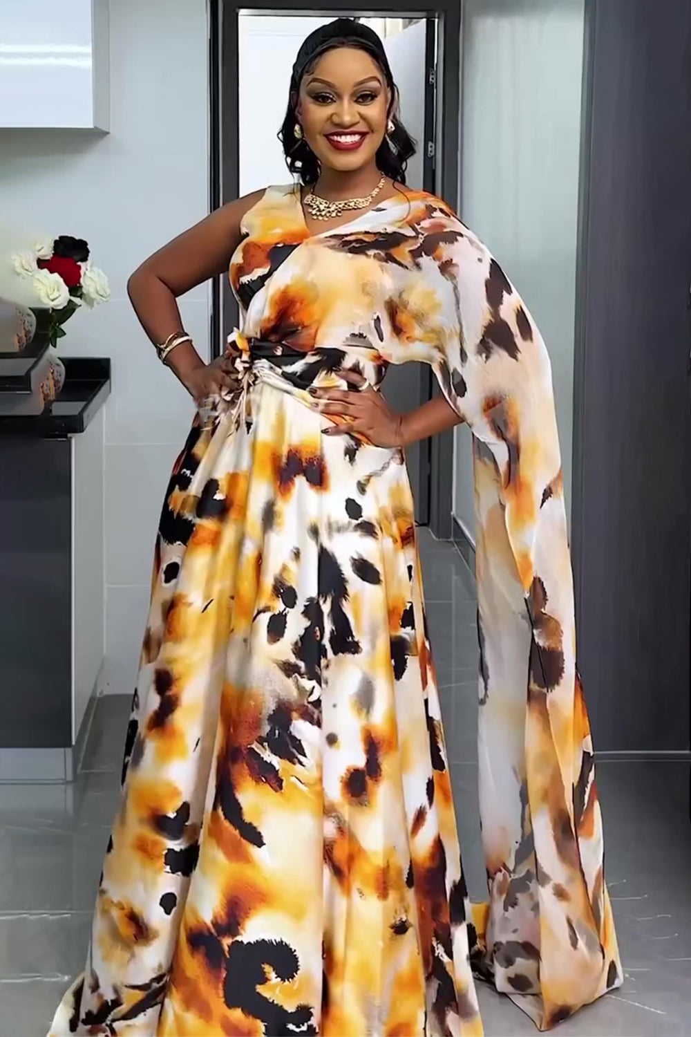 Asymmetric Sash Overlap V Neck Print Party Maxi Dresses-Brown [Pre Order]