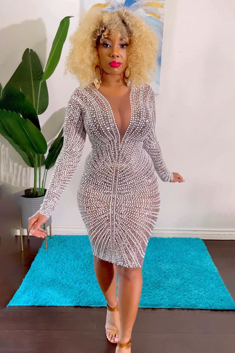 Rhinestone Mesh V Neck Long Sleeve Bodycon Party Midi Dresses