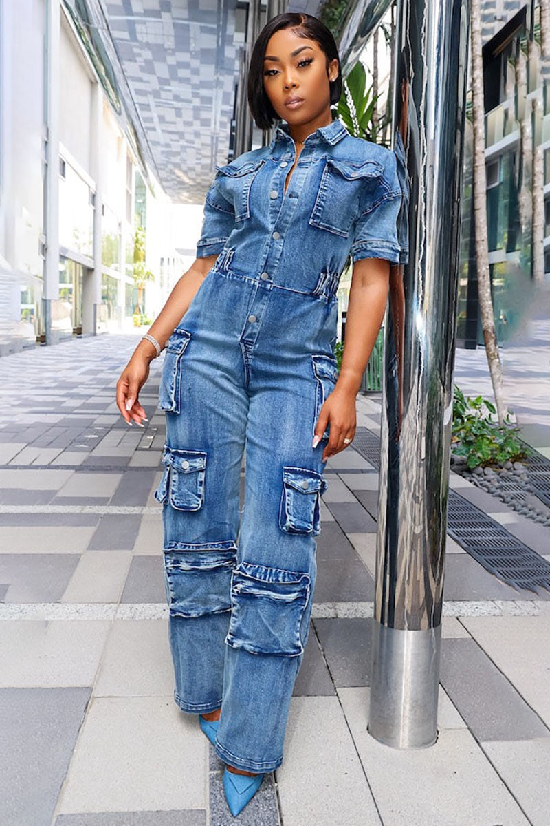 Multi Pocket Denim Button Up Short Sleeve Cargo Jumpsuit