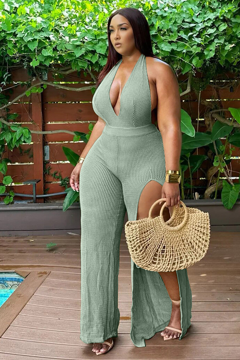 Solid Color Textured Knit Deep V Neck Halter Slit Jumpsuit-Beige