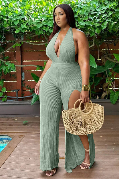 Solid Color Textured Knit Deep V Neck Halter Slit Jumpsuit-Beige