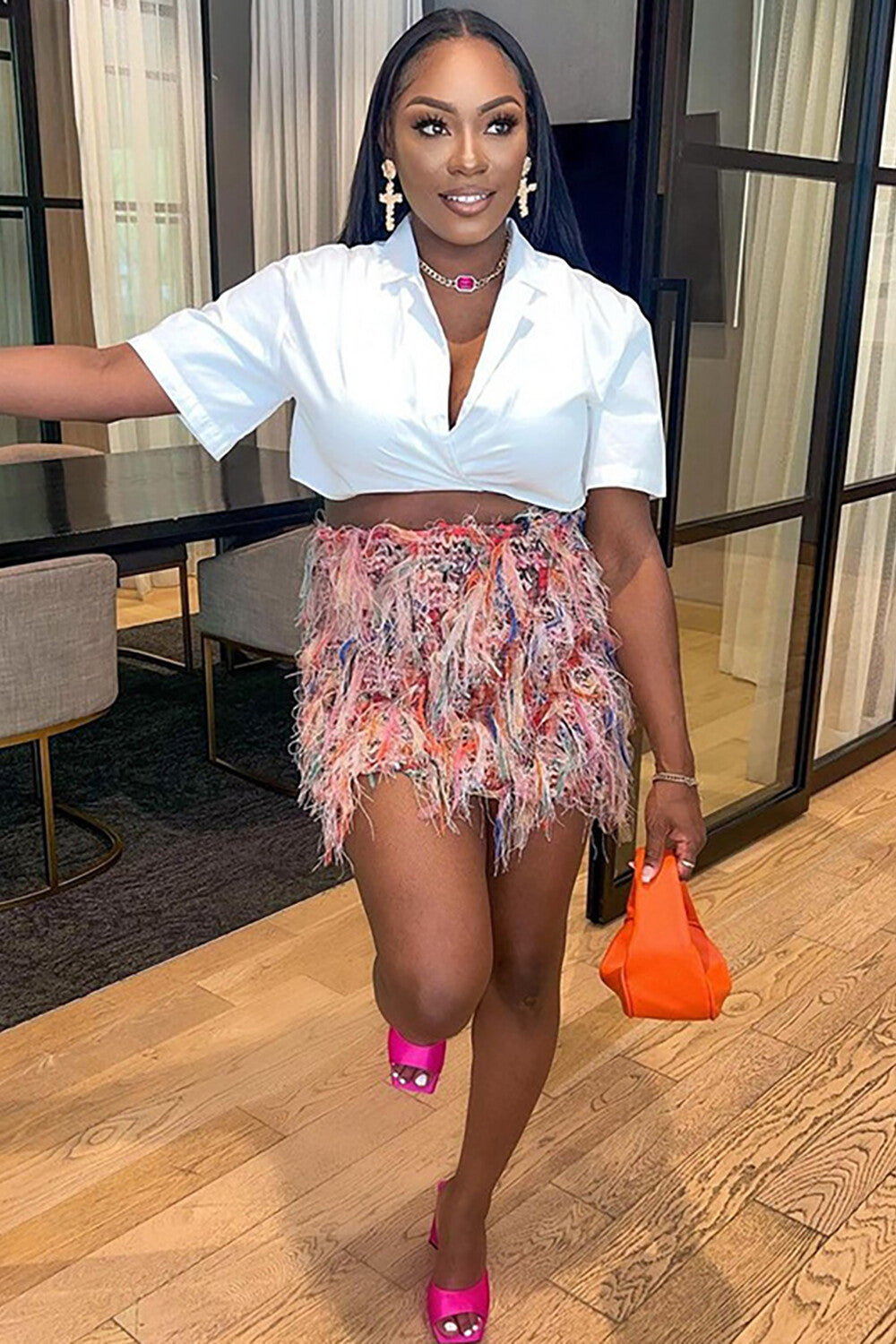 Multicolor Fringed Design Bodycon Mini Skirt-Pink
