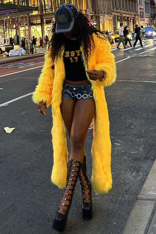 Faux Fur Solid Color Plush Coat-Yellow