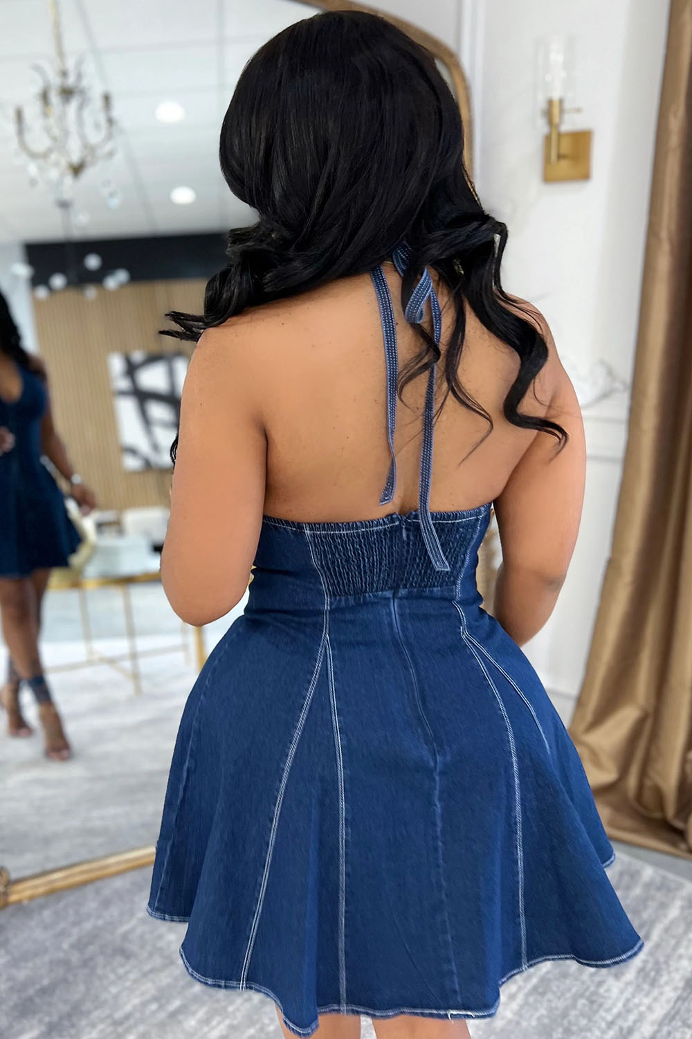Halter V Neck Backless Godets A-Line Denim Mini Dresses-Blue
