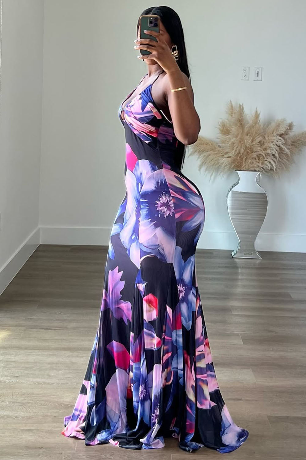 Halter V Neck Floral Print Godets Hem Party Maxi Dresses-Purple [Pre Order]