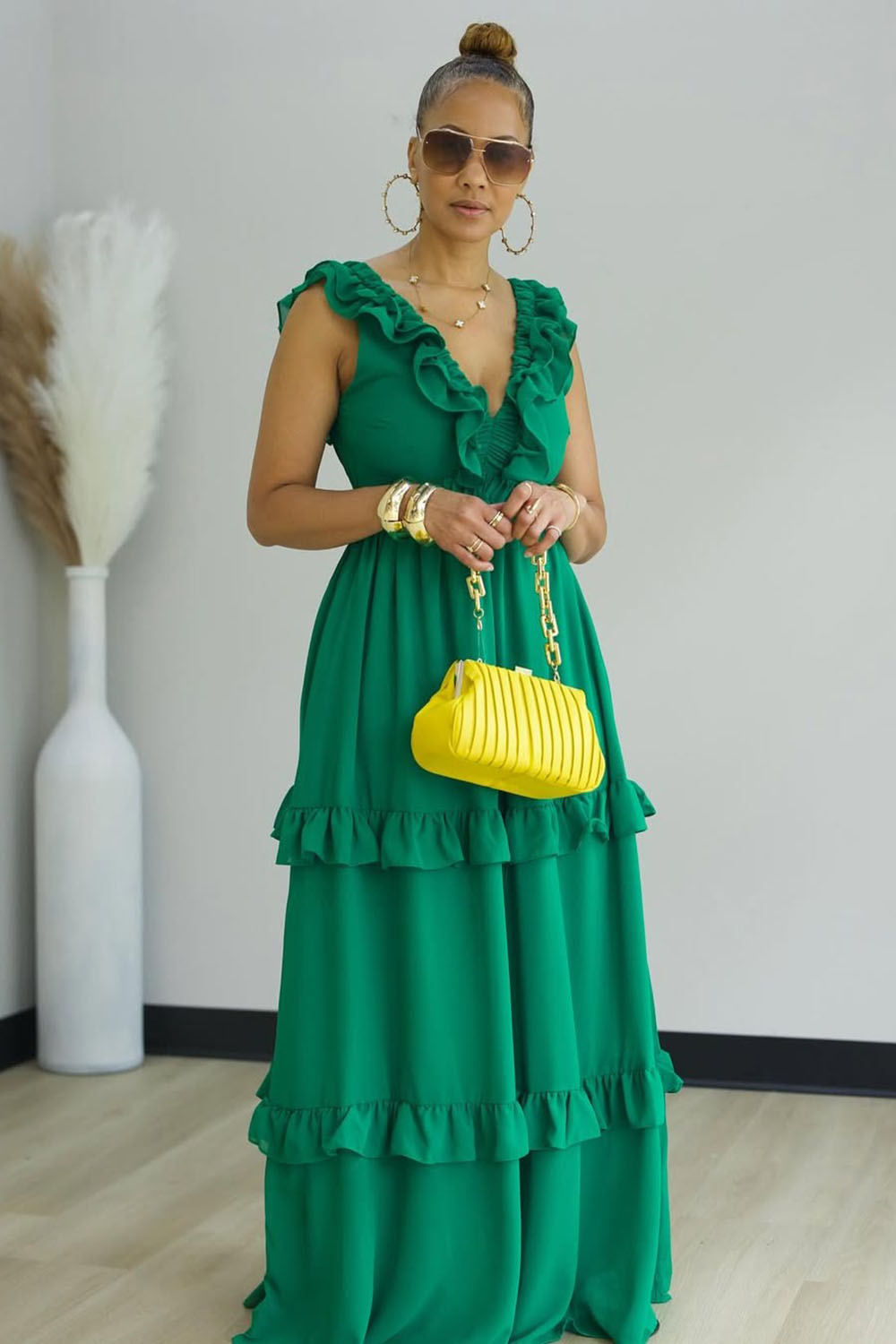 Open Back V Neck Ruffle Tiered Hem Party Maxi Dresses-Green [Pre Order]