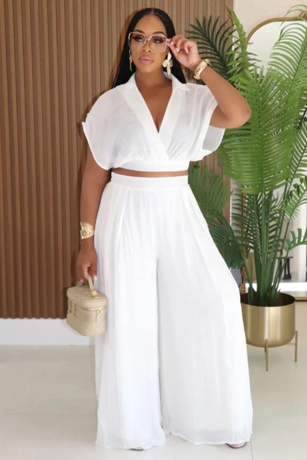 V Neck Dropped Shoulder Blouse Wide Leg Pants 2pcs Set-Pink [Pre Order]