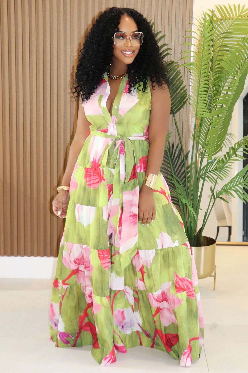 Floral Print Tiered Button Up Sleeveless Maxi Dresses-Green [Pre Order]