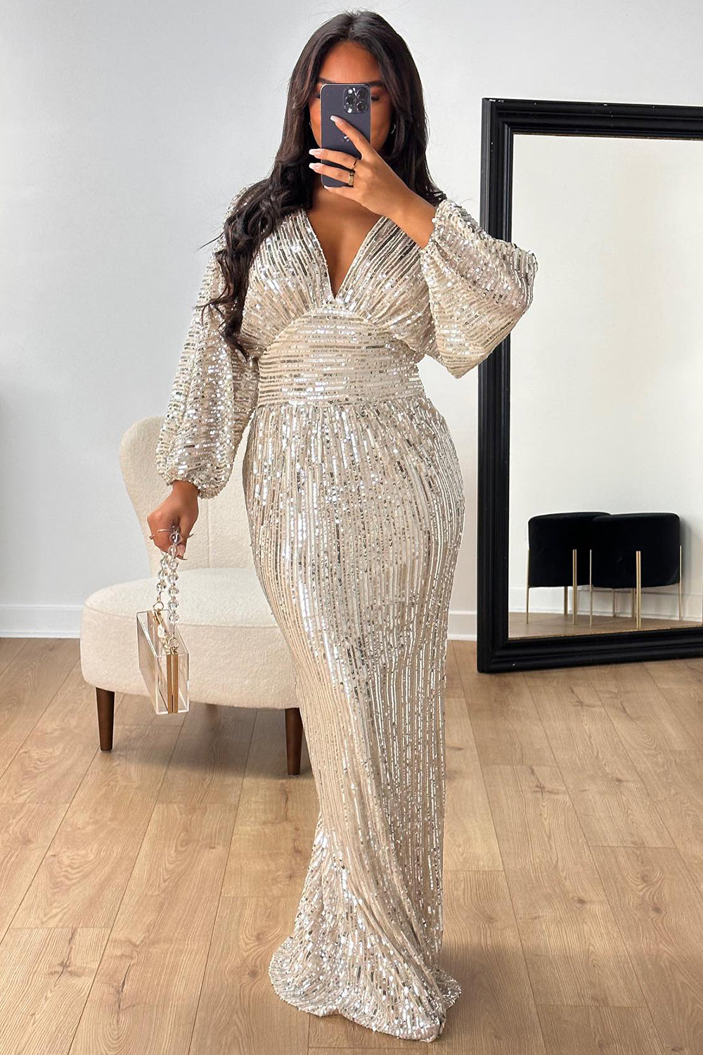Sequin V Neck Long Bell Sleeve Slim-Fit Party Maxi Dresses-Beige [Pre Order]