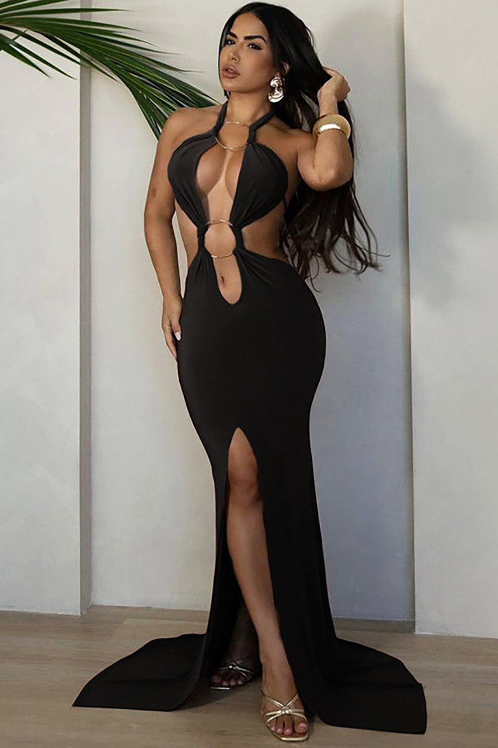 O-Ring Patchwork Halter Cutout Bodycon Slit Fishtail Hem Maxi Dresses-Black