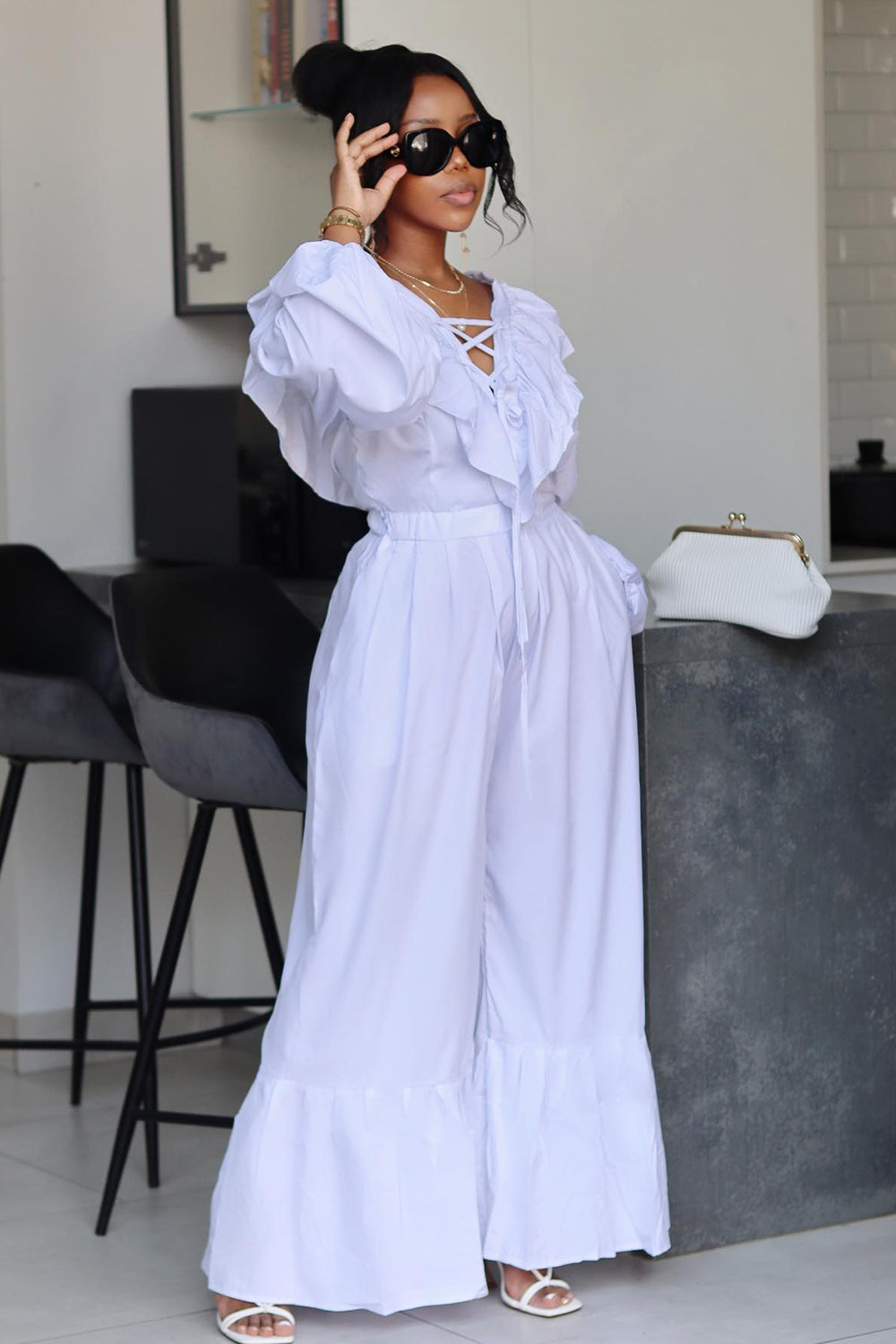 Ruffle Lace Up Blouse Wide Leg Pants Casual 2pcs Set-White [Pre Order]