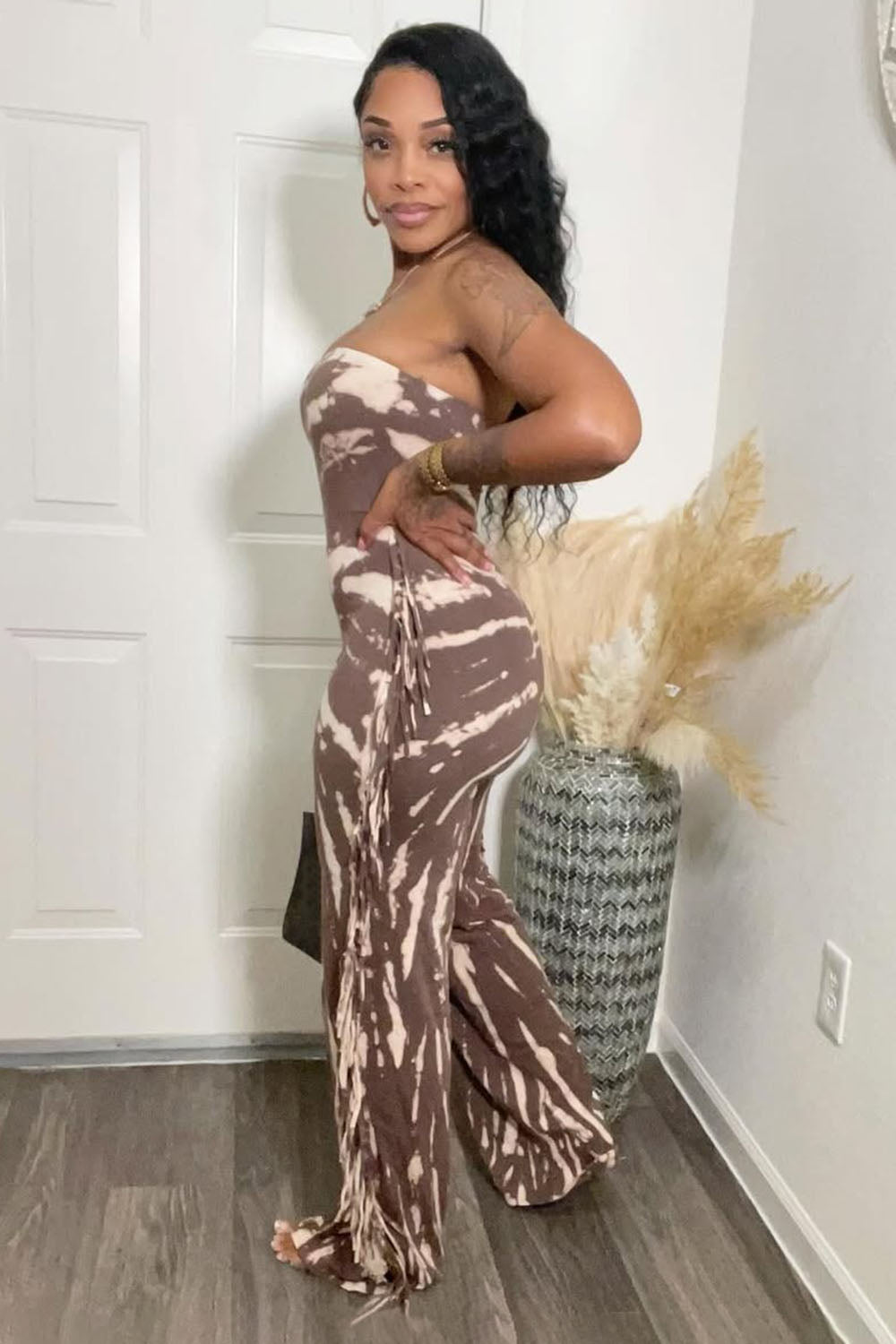 Strapless Print Fringe EDM Party Wide Leg Jumpsuit-Brown [Pre Order]
