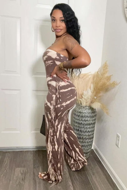 Strapless Print Fringe EDM Party Wide Leg Jumpsuit-Brown [Pre Order]