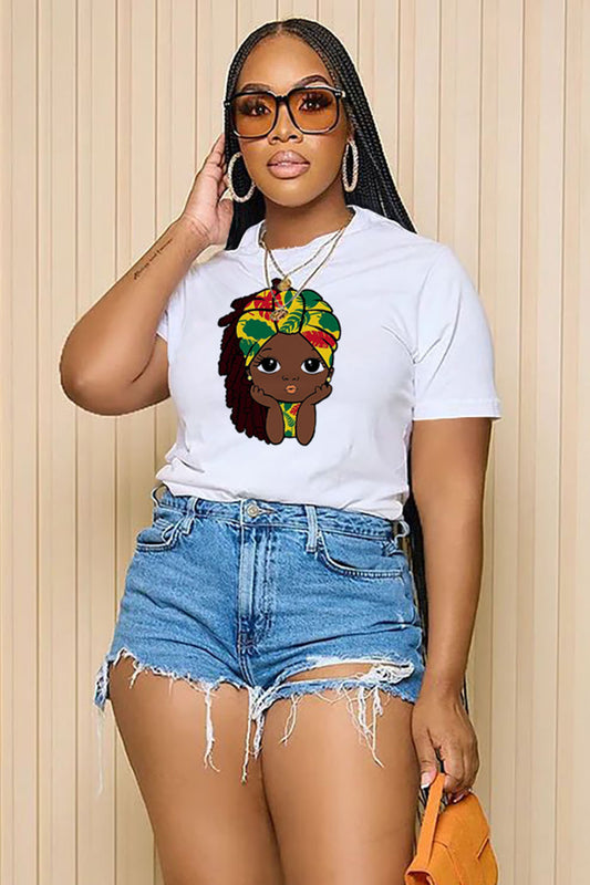 LORAGAL Black Girl Cartoon Print Short Sleeve Casual T-Shirt-White