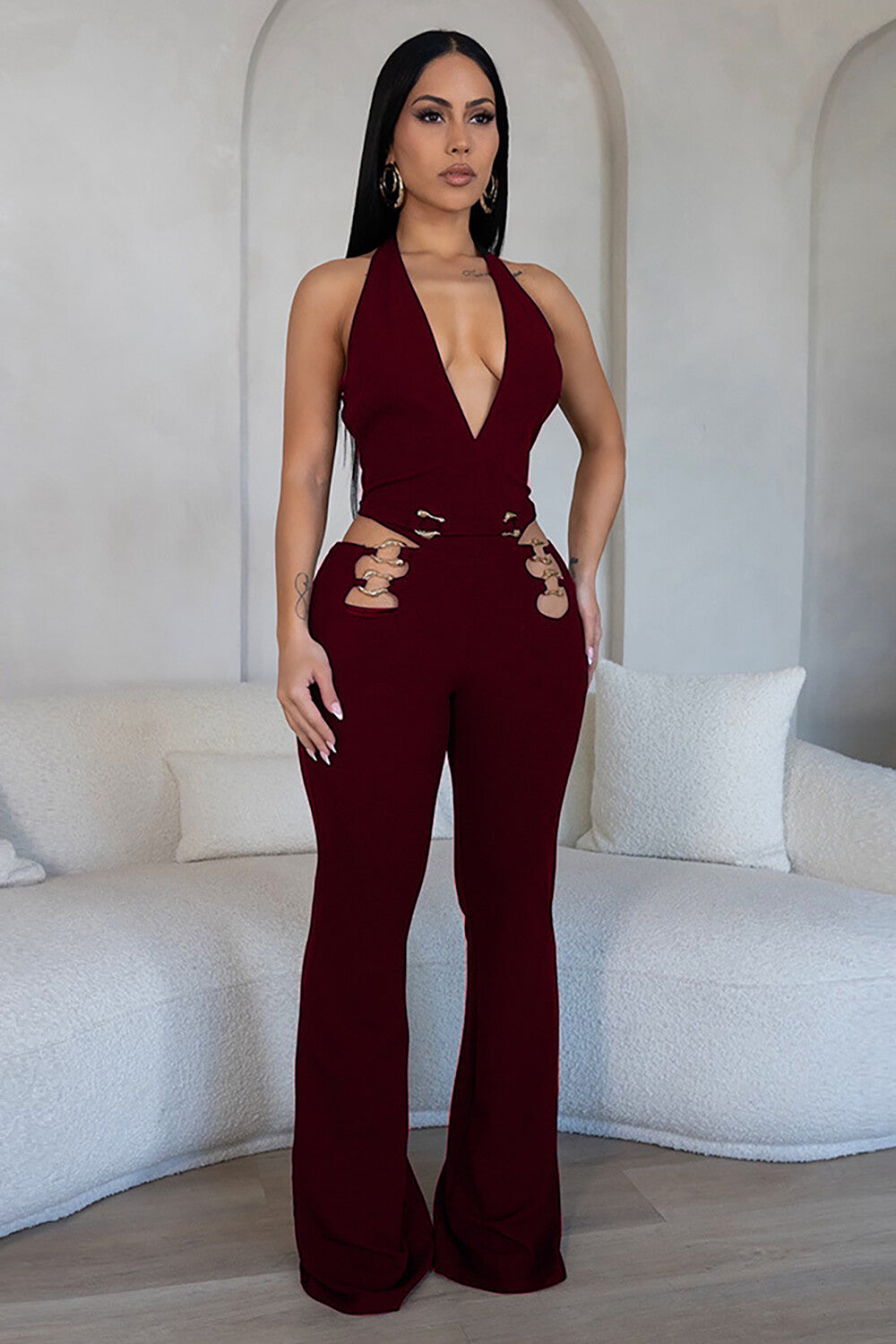 Deep V Neck Cutout Metal Rings Patchwork Flared Leg Halter Jumpsuit-Black
