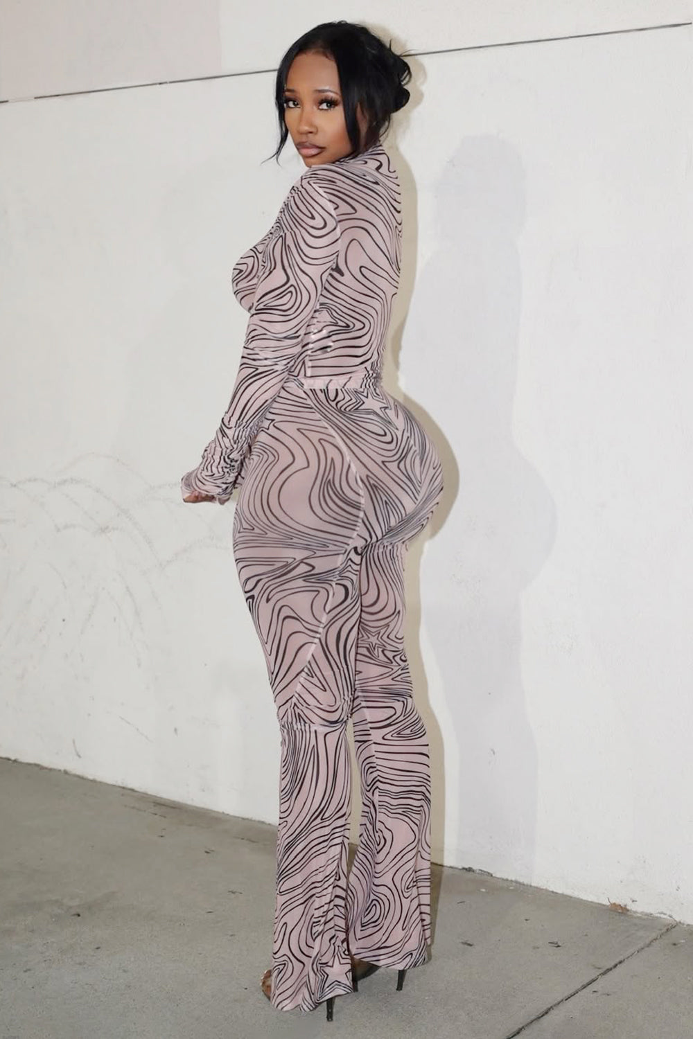 Mock Neck Long Sleeve Swirl Print Party Jumpsuit-LightPink [Pre Order]
