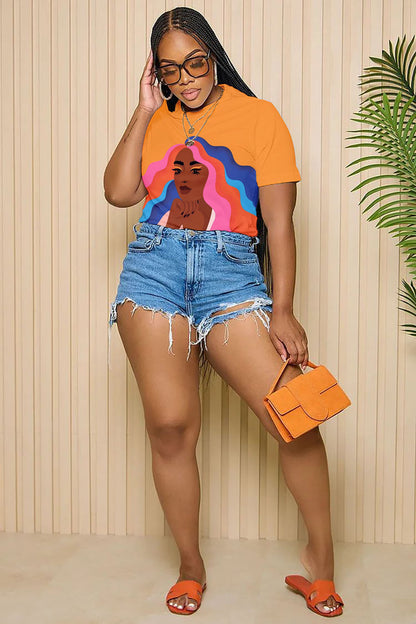 LORAGAL Colorful Hair Black Girl Print Short Sleeve Casual T-Shirt-Orange