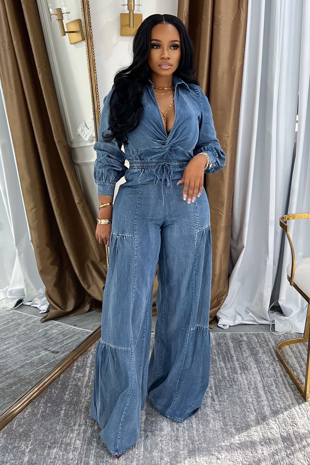 Twisted Blouse Elastic Drawstring Waist Jeans Denim 2pcs Set-Blue [Pre Order]