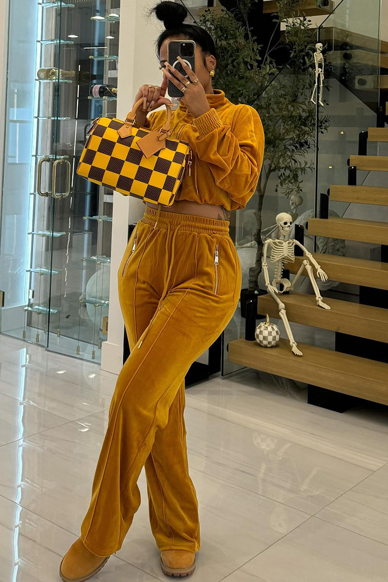 Zipper Jacket Drawstring Quilted Pants Velvet 2pcs Set-Yellow