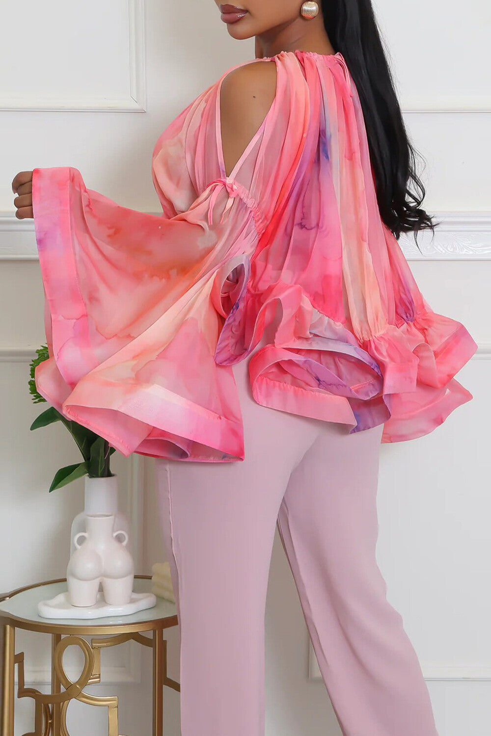 Cold Shoulder Round Neck Bell Sleeve Cinch Waist Ruffled Top-Pink