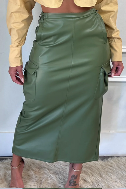 Elastic Waist Pockets PU Leather Midi Skirt-Green