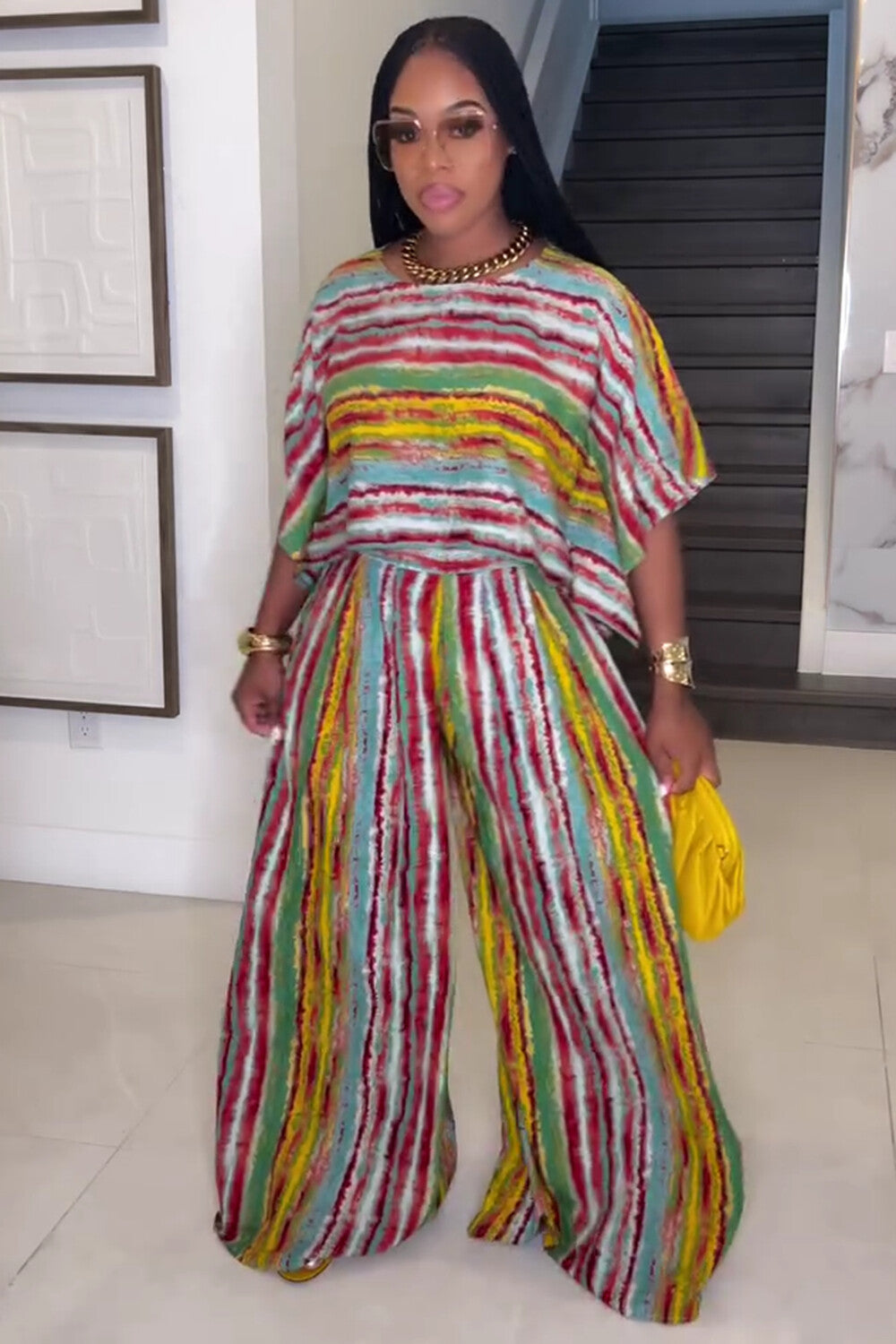 Stripe Print Puff Sleeve Top Wide Leg Pants 2pcs Set-Multicolor [Pre Order]