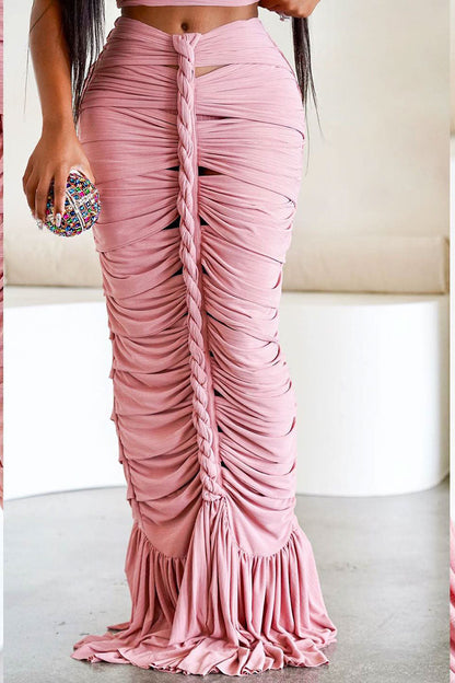 One Shoulder Crop Top Twisted Cutout Ruched Ruffle Hem Maxi Skirt White Slim Matching Sets