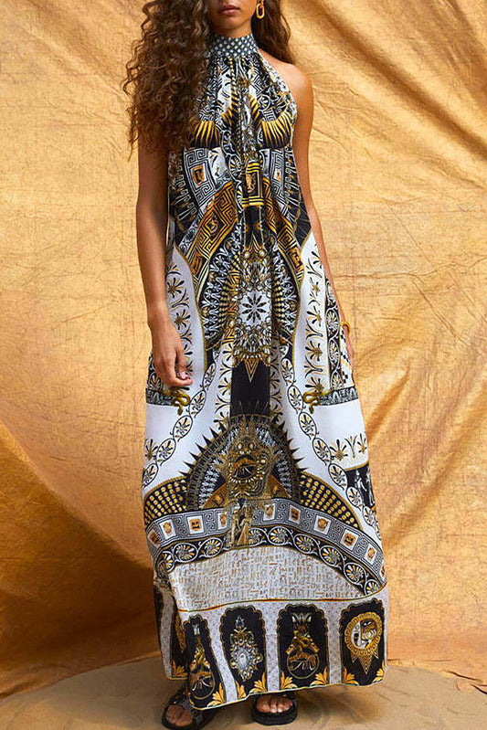 Tribal Print High Neck Halter Sleeveless Vacation Maxi Dresses-White