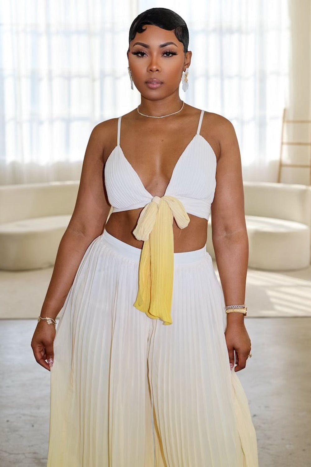 V Neck Sash Cami Top Ombre Wide Leg Pants Vacay 2pcs Set-Blue [Pre Order]