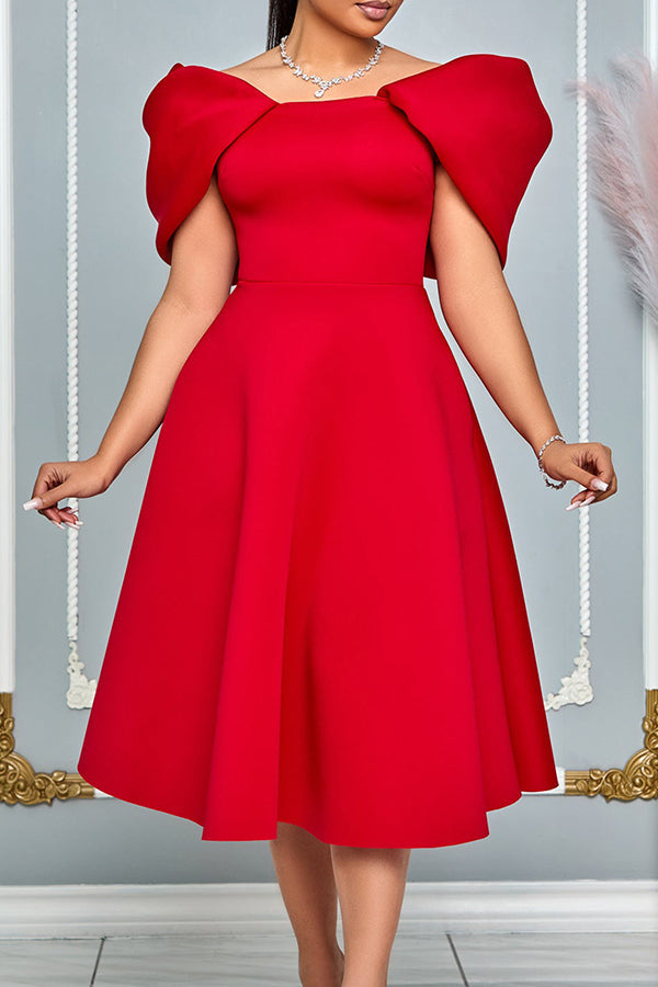 Elegant Solid Puff Sleeve A-line Dress