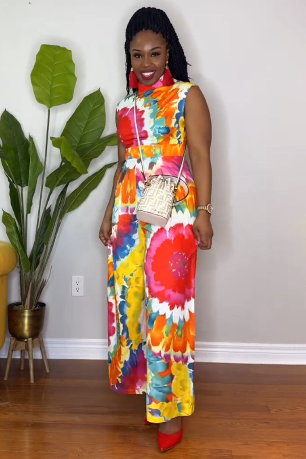 Mock Neck Vest Wide Leg Pants Tie Dye Print 2pcs Set-Multicolor