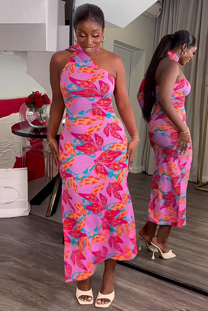 Floral Print Halter Streamer Bodycon Midi Dresses-Pink