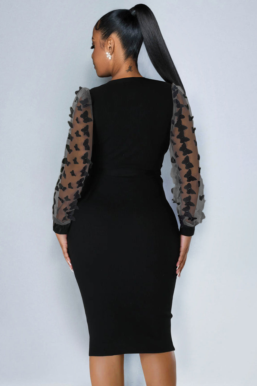 Butterflies Decor Mesh Long Sleeve V Neck Tie Up Bodycon Midi Dresses-White