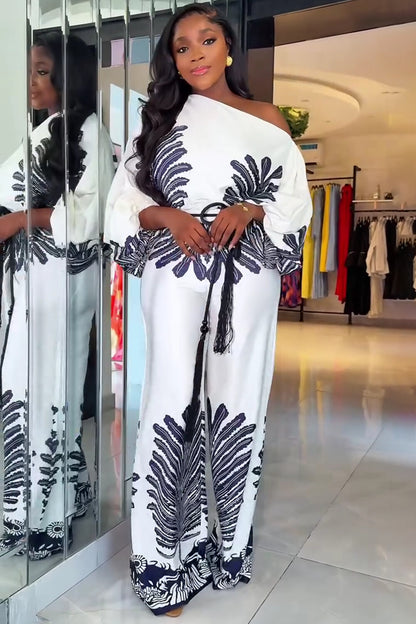 One Shoulder Bell Sleeve Placement Print Wide Leg Jumpsuit-White [Pre Order]