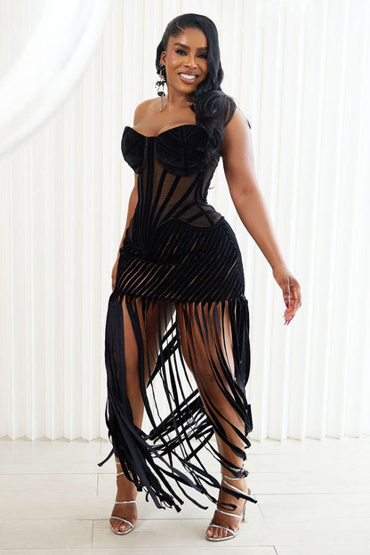Strapless Semi-Sheer Corset Fringe Party Maxi Dresses-Black [Pre Order]