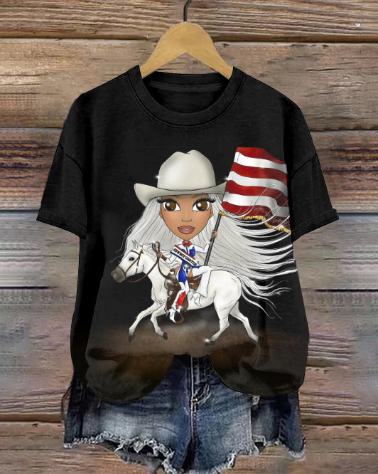 Cute Cartoon Cowgirl Crew Neck Short Sleeve Tshirt
