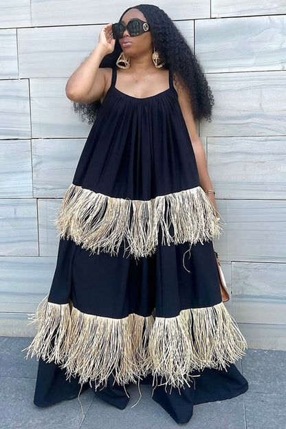 Tiered Fringe Loose-Fit Vacation Cami Maxi Tent Dresses-Black [Pre Order]