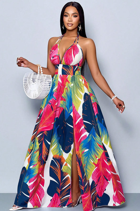 Leaf Print Halter V Neck Backless Vacay Maxi Dresses-Multicolor