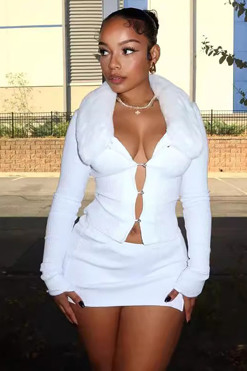 Fuzzy Turndown Collar Knit Button Up Crop Top Slit Mini Skirt 2pcs Set-White