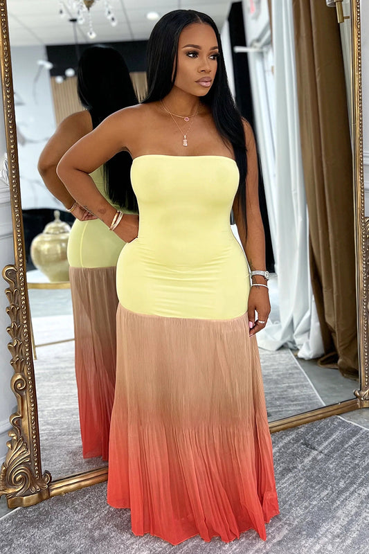 Strapless Patchwork Ombre Print Hem Party Maxi Dresses-Yellow [Pre Order]