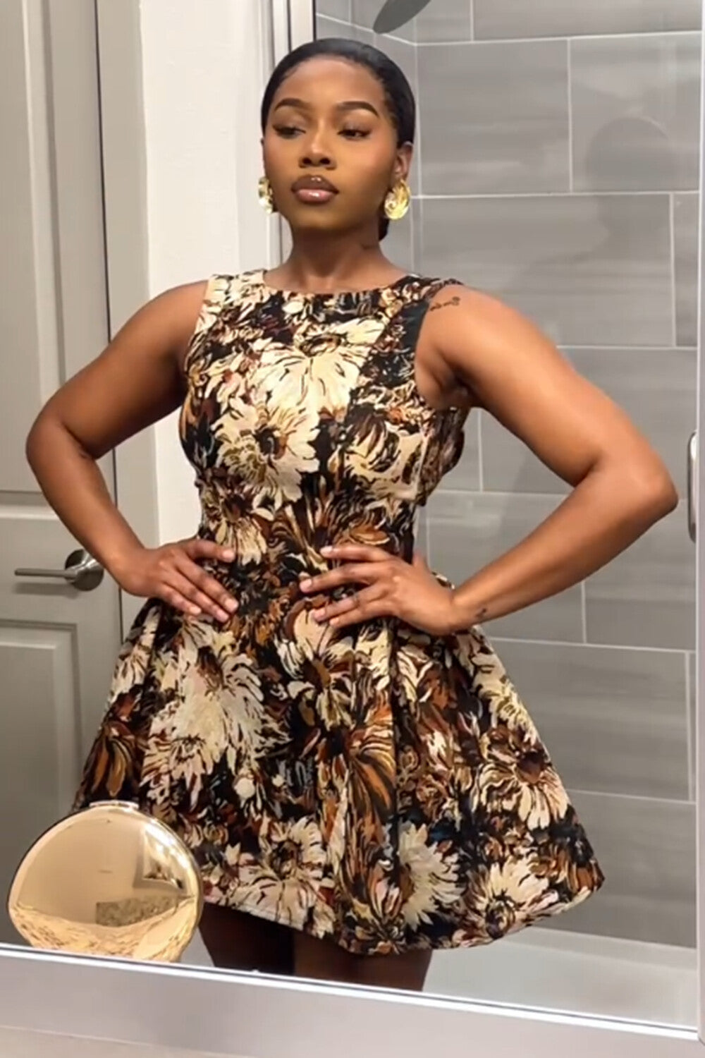 Floral Print Boat Neck Sleeveless Cinch Party Mini Dresses-Brown [Pre Order]