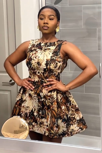 Floral Print Boat Neck Sleeveless Cinch Party Mini Dresses-Brown [Pre Order]