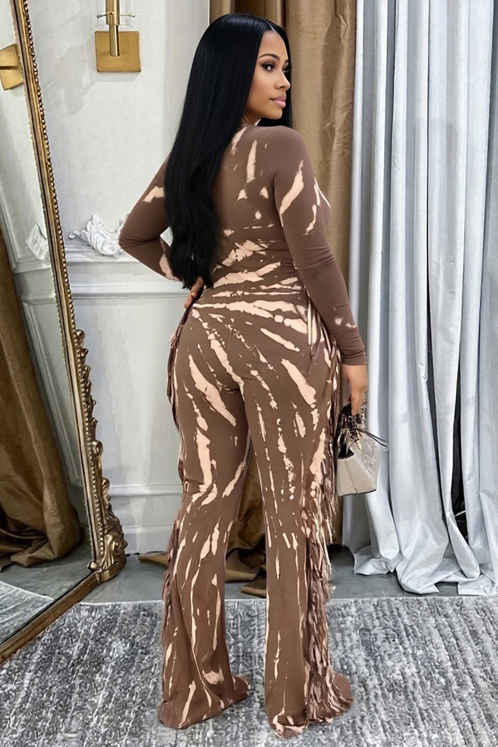 Tie Dye Print Long Sleeve Fringe Side Bodycon Jumpsuit-Brown [Pre Order]