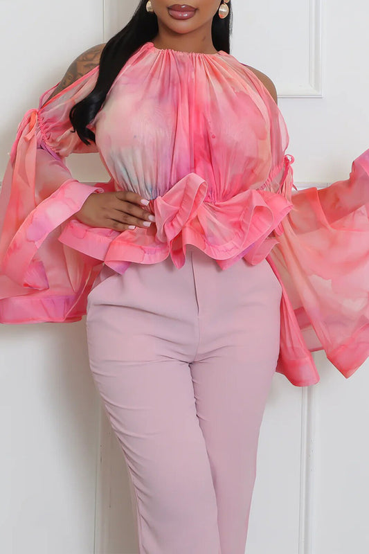 Cold Shoulder Round Neck Bell Sleeve Cinch Waist Ruffled Top-Pink
