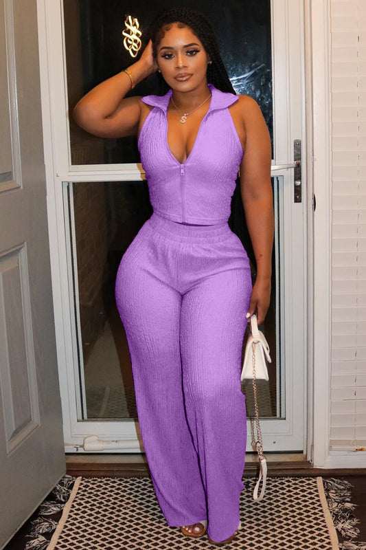 Front Zipper Turndown Collar Sleeveless Top Solid Color Pants 2pcs Set-Purple