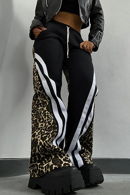Leopard Print Striped Wide Leg Casual Pants-Beige