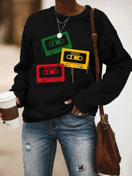 Women's Roots Rock Reggae Tapes Black Music Print Casual Sweatshirt