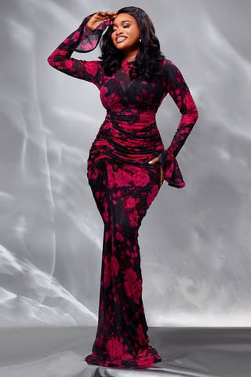 Floral Print Mesh Flare Sleeve Party Fishtail Maxi Dresses-Red [Pre Order]