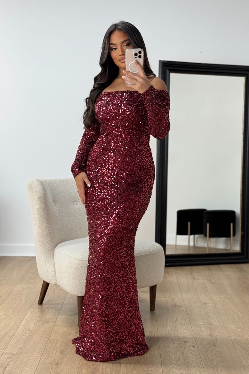 Off Shoulder Long Sleeve Sequin Slim Party Maxi Dresses-Burgundy [Pre Order]