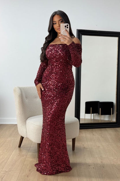 Off Shoulder Long Sleeve Sequin Slim Party Maxi Dresses-Burgundy [Pre Order]
